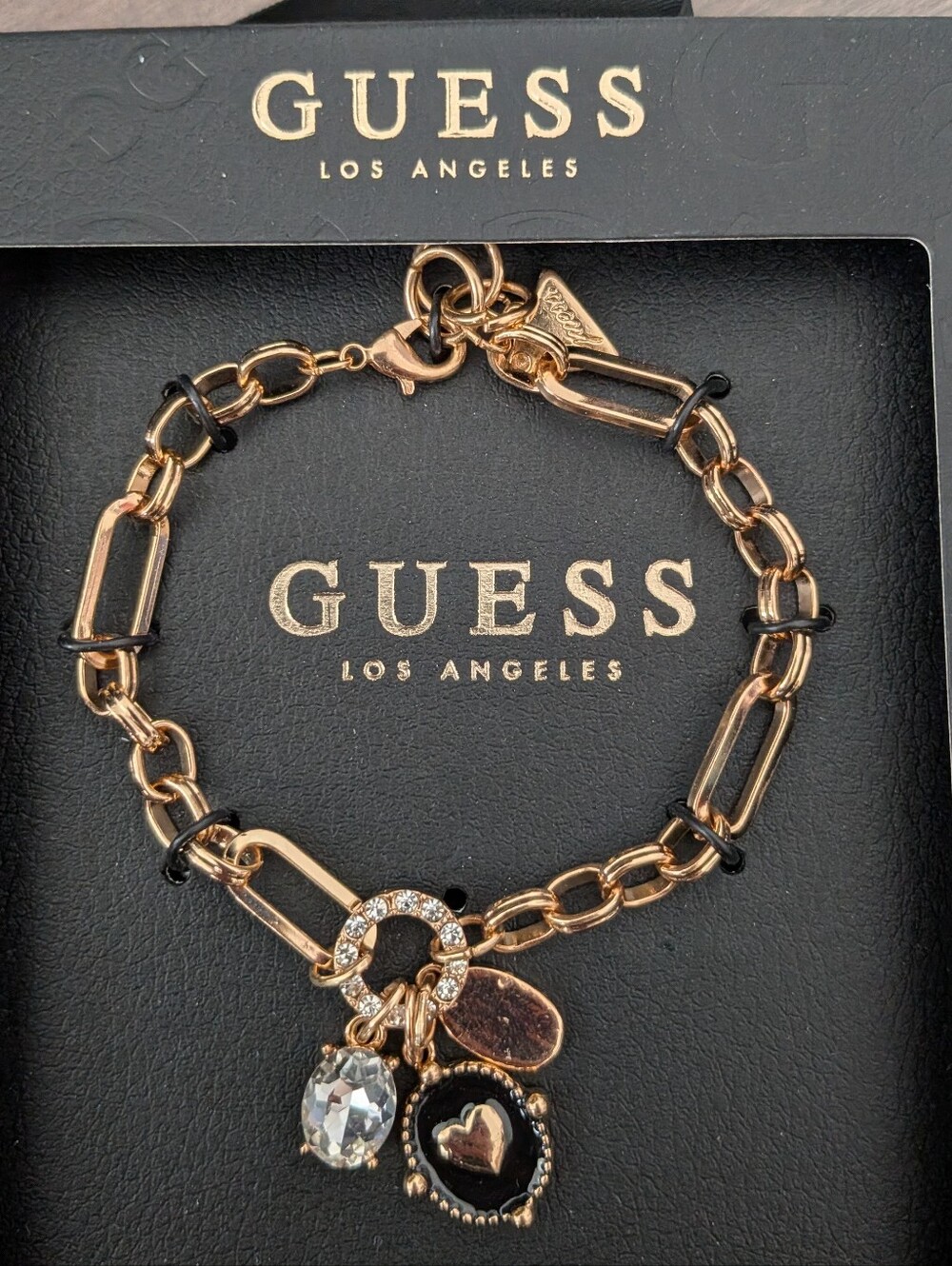 NWT Guess Gold and Black Charm Chain Bracelet with Crystal Accents